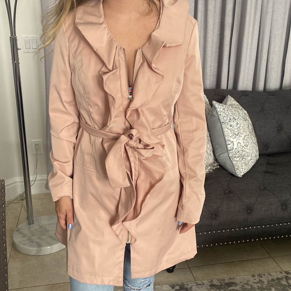 Cynthia Rowley Blush Pink Ruffle Detail Belted Trench Coat